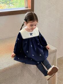 SHEIN Infant/Baby Girl Vintage Elegant Bow Decor Long Sleeve Puff Sleeve Dress Baby Girl Navy Dress Fall Winter - Royal Blue - View 4