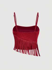 SHEIN MOD Plus Size Women's Red Suede Fringe 2 Pieces Set, Music Festival Outfit, Western Outfit