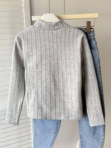 SHEIN 青少年女孩罗纹纹理保暖内衬长袖 T 恤、日常穿着必备修身分层 T 恤、秋冬长袖上衣、女孩上衣、灰色紧身保暖内衣、秋冬必备保暖内衬打底长袖 T 恤