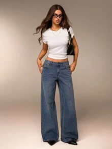 SHEIN Forever 21 春夏女士浪漫/舞会/正式/生日/90 年代/商务休闲/优雅/西部装/外出/时尚/休闲/Y2K 服装/俱乐部/办公室/鸡尾酒会/复古/紧身/狂欢装/搞笑/优雅/老钱/街头服饰/度假/乡村音乐会/工作/端庄/春假/单身女郎装/音乐会/坏人/基本款/毕业/蓝色水洗/低腰/宽松/直筒/阔腿/牛仔装/牛仔裤 - 藍色 - 查看 7