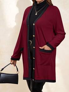 SHEIN Clasi Áo khoác cardigan dài ấm áp cài nút kim loại thanh lịch và thoải mái cho nữ cỡ lớn, màu đen và trắng, dành cho mùa thu, áo gió nữ, trang phục công sở cho nữ - Màu Đỏ Sâu - Xem 7