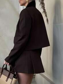 INAWLY New Vintage Style Jacket & Pleated Midi Skirt 2-Piece Set For Women - Coffee Brown - View 2