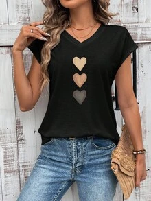SHEIN LUNE Casual Minimalist Heart Pattern V-Neck Raglan Sleeve Women T-Shirt, Suitable For Summer,Casual - Black - View 5