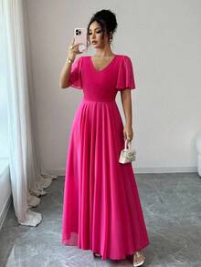 Selianne Ruffled Sleeve Waist Cinched V-Neck A-Line Minimalist Elegant Romantic Sophisticated Women Dress - Hot Pink - View 6