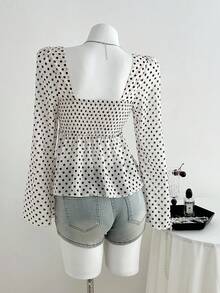 SHEIN Unity 1pc Women's Apricot V-Neck Tie Front Polka Dot Flare Sleeve Casual/Work Blouse - Apricot - View 2