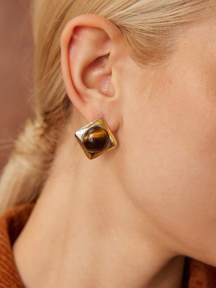 SQUARE TIGER EYE STUD EARRINGS