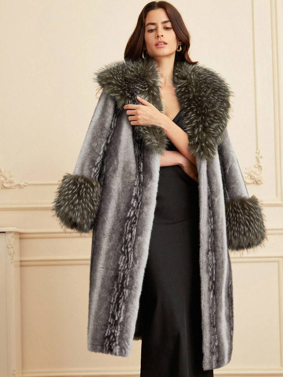 GENKIRA 2025新款仿狐狸毛大衣女款水貂皮大衣全貂皮大衣中长款皮草夹克 - 灰色 - 查看 1