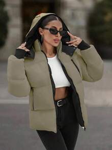 EURMUSE 连帽拉链细节撞色罗纹袖口绗缝女式休闲羽绒服 - 米色 - 查看 6