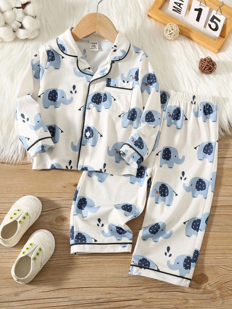 SHEIN 2 件套男婴卡通大象印花翻领长袖口袋衬衫和直筒裤针织舒适宽松睡衣套装 - 白色 - 查看 1