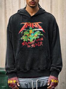 ROMWE MEN TEENAGE MUTANT NINJA TURTLES | ROMWE sweat-shirt à capuche vintage lavé avec imprimé tortue pour hommes - Noir - Voir 4