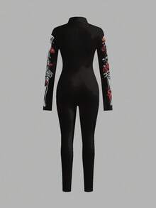 Slaydiva 女士秋季服装/Y2K 服装/街头服饰/外出服/骷髅花卉女巫图案/万圣节服装/拉链领长袖连体裤 - 彩色 - 查看 6
