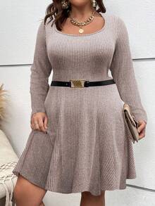 SHEIN EMERY ROSE CURVE Plus Size Women French Casual Ribbed Fuzzy Long Sleeve Dress, Autumn/Winter - Dusty Pink - View 3