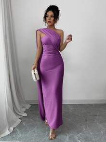 Elenzga 女士新款杏色优雅欧式高端宴会不对称裹肩性感褶皱腰修身长裙，后背高开叉闪亮针织弹力，舒适适合约会、派对、情人节 - 紫羅蘭色 - 查看 5