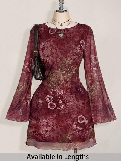 SHEIN PETITE CURVE 大码女装秋季连衣裙，女士长袖连衣裙，Y2k 复古佩斯利网眼喇叭袖性感节日连衣裙，适合日常穿着