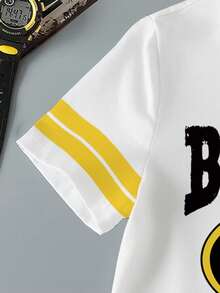 BATMAN X SHEIN Young Boy Summer Casual Street Bat Logo And Letter Graphic Striped Short Sleeve T-Shirt - White - View 5