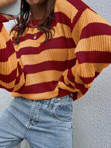 Chiquease Women's Casual Loose Fit Red Striped Round Neck Drop Shoulder Long Sleeve Sweater,Autumn Back-To-School School Fall Winter Striped Sweater - Multicolor - View 6
