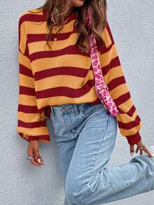 Chiquease Women's Casual Loose Fit Red Striped Round Neck Drop Shoulder Long Sleeve Sweater,Autumn Back-To-School School Fall Winter Striped Sweater - Multicolor - View 8