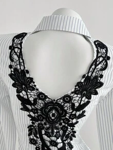 Elamini 1 chiếc áo cánh ren khoét lỗ sọc trắng ôm vừa vặn gợi cảm dành cho nữ, mùa thu - trắng - Xem 3