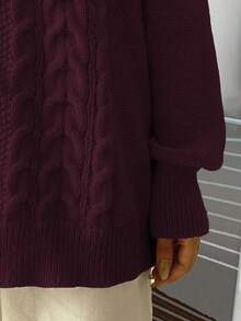 Elenzga Sweater Pullover Kasual Lengan Panjang Leher Bulat Bahu Longgar Motif Kabel Ukuran Besar untuk Wanita, Musim Gugur/Dingin - Burgundy - View 4