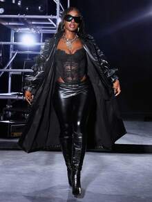 BamGleam Áo khoác dạ tay loe bằng da PU thời trang dành cho nữ - màu đen - Xem 8