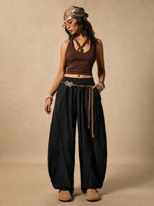 Easelle 女式休闲时尚街头时尚简约纯色松紧腰毛边香蕉裤 - 黑色 - 查看 5