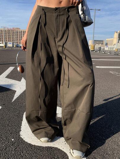 Livesso 女士纯色宽松阔腿裤，抽绳，口袋，休闲街头风格，秋冬