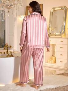 SHEIN MuseNap CURVE 加大码条纹提花撞色滚边缎面睡衣套装，上衣和裤子，秋冬舒适优雅细节 - 藕粉色 - 查看 2