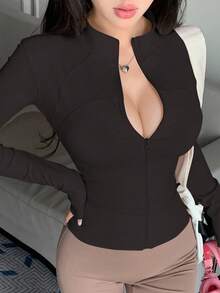 DAZY Áo khoác nữ cổ đứng, khóa kéo, dáng ôm, thường ngày - màu đen - Xem 2