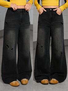 Quần jeans ống đứng rách ống rộng màu đen và xám mới giặt cho bé gái tuổi teen, quần ống rộng thời trang thường ngày, đa năng và ôm sát, thích hợp mặc ngoài trời - màu đen - Xem 3