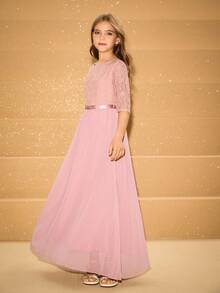 Girls' Flowing Lace Patchwork Chiffon Flared Dress With Square Neck, Suitable For Wedding, Prom, Birthday Party, Back To School, Graduation, Christmas, Halloween Fall Winter - Dusty Pink - View 4