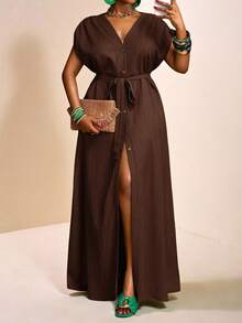 Veslaya Plus Size Solid Color Front Button Belted Short Sleeve Dress - Brown - View 3