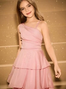 Tween Girl Elegant Dusty Pink Multi-Tier Hem Mid-Length Formal Dress,Asymmetric Shoulder Strap Summer Graduation Dress For Evening Party,Prom,Wedding - Pink - View 7