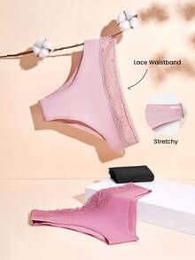 LUVLETTE 3-Pack Lace Trim Soft Cotton Mid-Waist Briefs Women Underwear Panties Set-Ice Blue