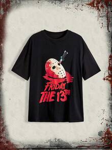 Friday the 13th X ROMWE Áo thun cổ tròn in khẩu trang rộng rãi cho nữ, Halloween - màu đen - Xem 1