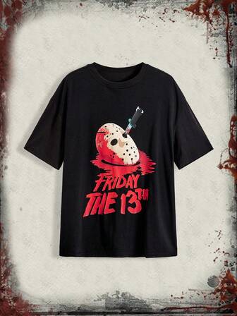 Friday the 13th X ROMWE Women's Loose Fit Round Neck Mask Print T-Shirt, Halloween