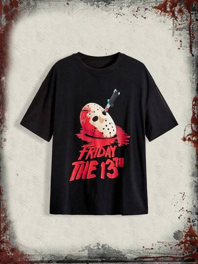 Friday the 13th X ROMWE Áo thun cổ tròn in khẩu trang rộng rãi cho nữ, Halloween