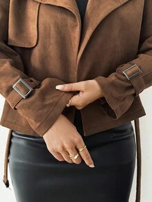 Aidyla Elegancka, modna krótka kurtka damska z długim rękawem i klapami ze sztucznego zamszu z paskiem