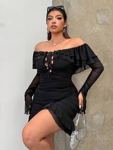 SHEIN EZwear Ruffle Hem Drawstring Dress, Tie Front, Square Neckline, Split Cuffs - Black - View 4