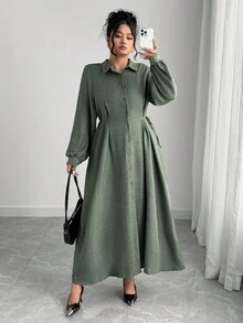 Elenzga 大码女式优雅正式办公室通勤休闲度假复古教师秋季中东纯色皱褶面料衬衫领前开腰系蝴蝶结中长连衣裙 - 軍綠色 - 查看 5