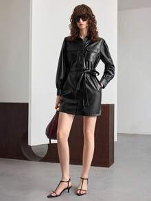 Ontre Black Autumn Chic Night Out Women's Elegant Leather Mini Dress Dress,Vintage Versatile Belt Waist Cinched Fit,Business Casual Office Commute Apparel - Black - View 3