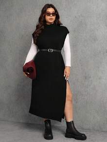 Elaquor Váy len dài tay xẻ cao cỡ lớn - Màu be - Xem 4