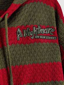 A Nightmare on Elm Street X ROMWE 女式拼色条纹和字母刺绣图案抽绳连帽拉链开衫 - 彩色 - 查看 3