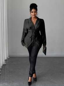 Maweii Bộ đồ công sở đi làm cỡ lớn dành cho nữ có thiết kế cà vạt, trưởng thành và quyến rũ - màu đen - Xem 4