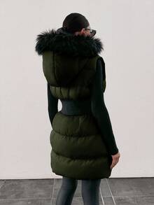 EURMUSE Padded Vest With Furry Hood And Adjustable Waist, Two Side Pockets, Thick And Fashionable Puffer Jacket, Quilting Details - Dark Green - View 2