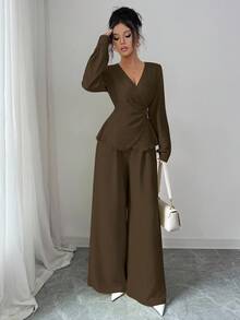 Elenzga 新款春秋奶油黄亚麻V领交叉长袖衬衫和高腰宽松阔腿裤两件套女装 - 棕色 - 查看 4