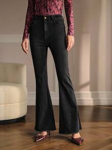 MOTF PREMIUM 秋冬毛边喇叭牛仔裤 - 黑色 - 查看 2