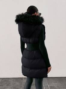 EURMUSE Padded Vest With Furry Hood And Adjustable Waist, Two Side Pockets, Thick And Fashionable Puffer Jacket, Quilting Details - Black - View 2