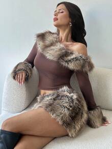 Firerie Elegante, romántico, lujoso, vintage, moda callejera, fiesta, urbano, chic, hombro oblicuo, cuello de piel sintética, manga ajustada, camiseta de manga larga con puños de piel sintética de corte ajustado para mujer, otoño/invierno