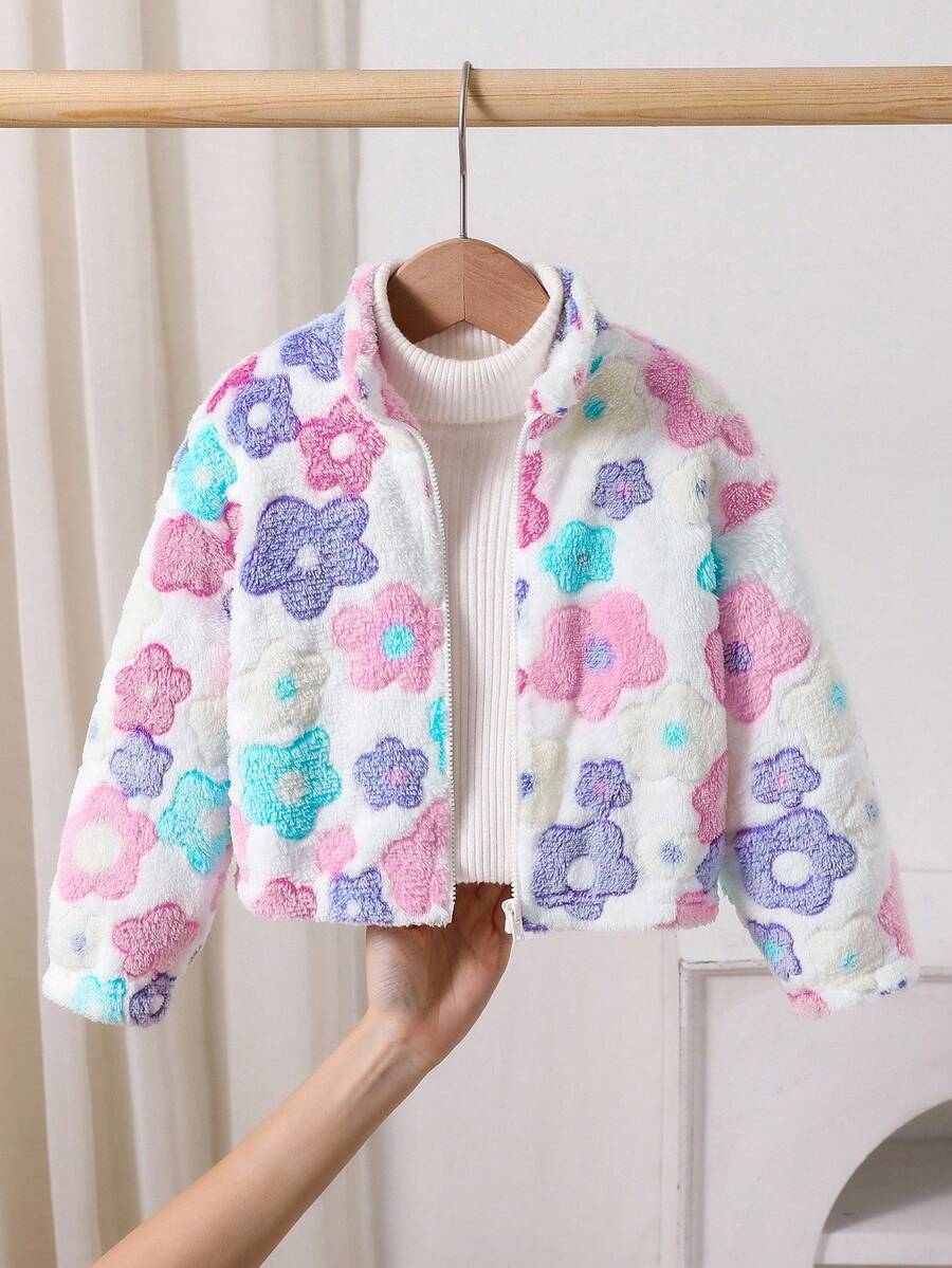 SHEIN 年轻女孩彩色花卉针织蓬松宽松休闲立领夹克,秋冬款(5),颜色:黑色、蓝色、绿色、蓝色、红色、粉色 - 白色 - 查看 1