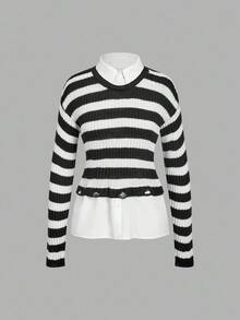 Skyraze Casual Patchwork Striped Distressed Knit Sweater In Fall/Winter